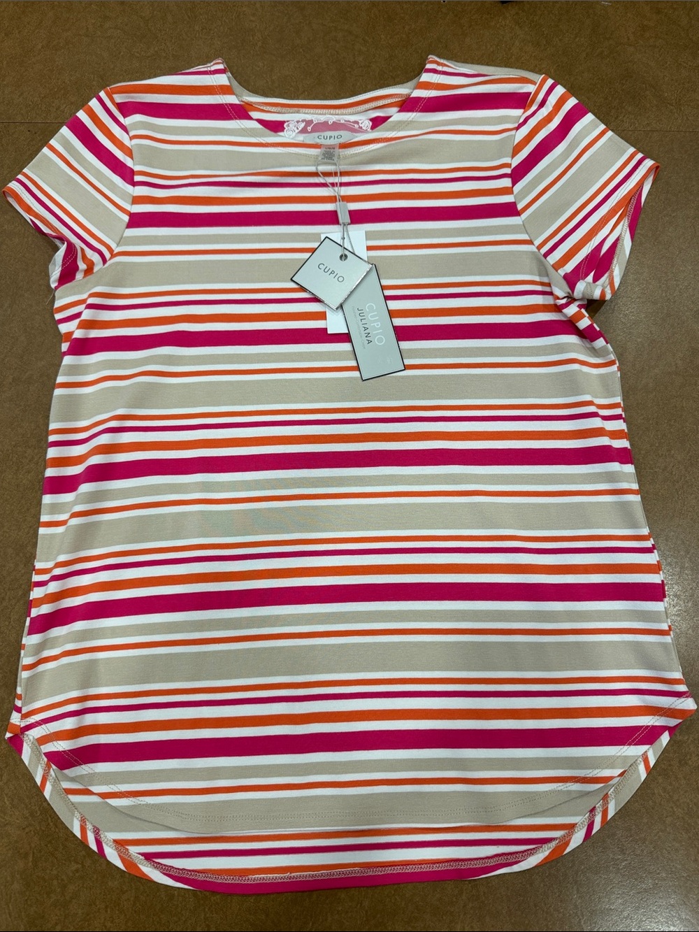 NWT Cupio Julianna Crepe Short Sleeve Striped Tee in Pink, Orange & Cream